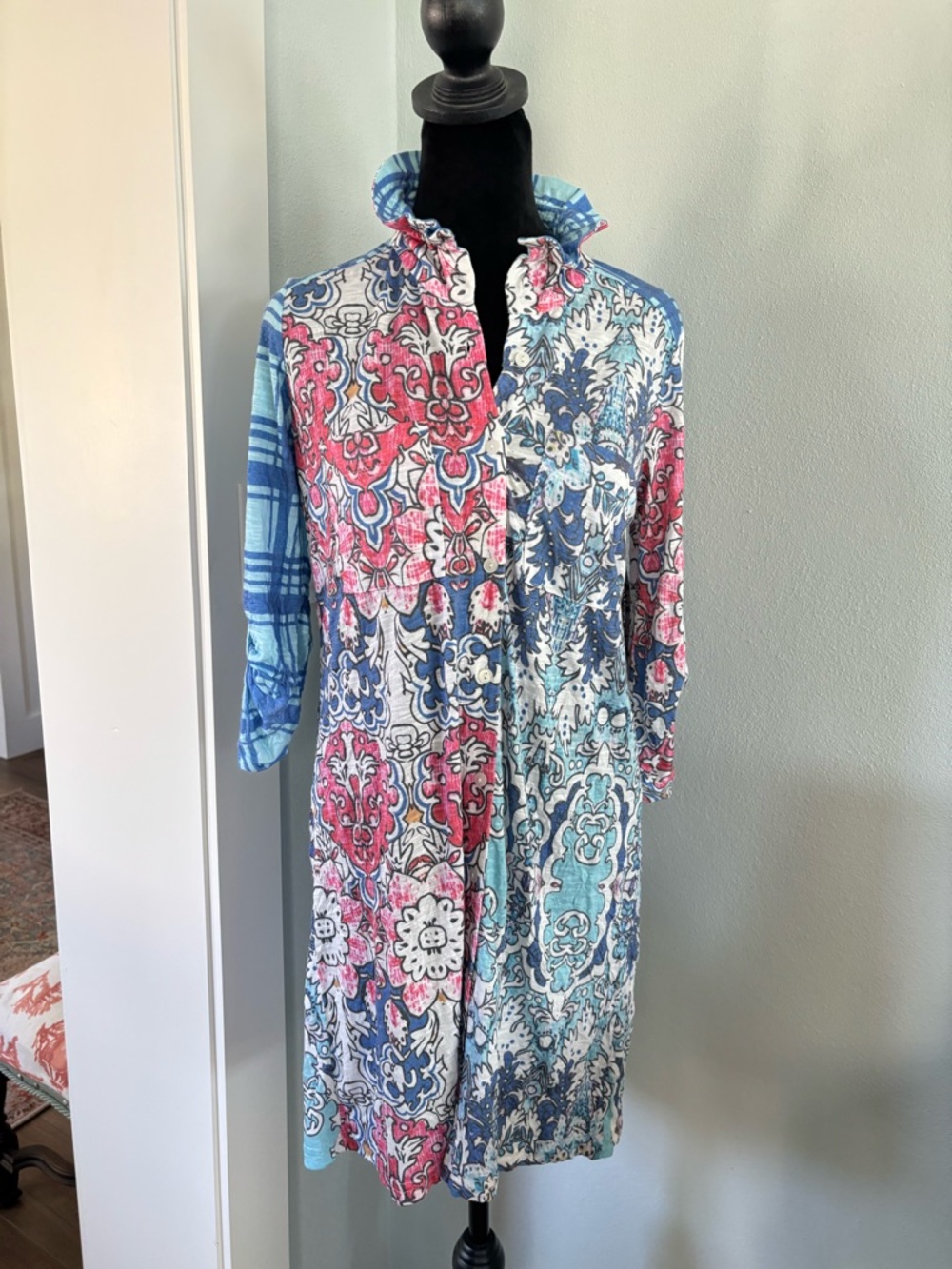 Tango Mango XS NWT Boho Tile-Print Shirt Dress in Blue & Pink